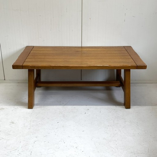 Table basse brutaliste vintage en chêne massif