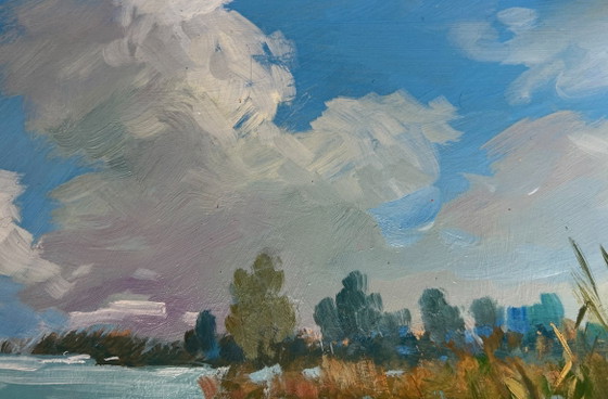 Image 1 of Dipinto ad olio originale Paesaggio estivo con fiume Tempo estivo nuvoloso