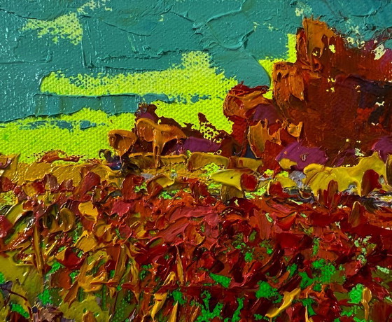 Image 1 of Original Oil Painting Fall Nature Landscape Autumn Flower Fields