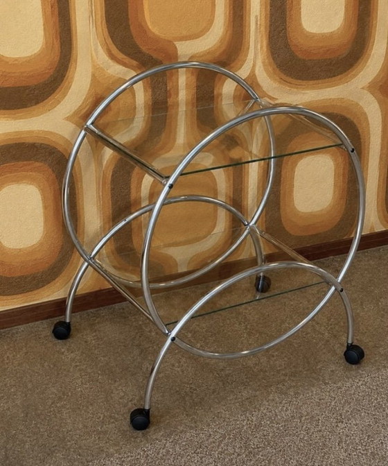 Image 1 of Vintage Bauhaus chrome serving trolley on wheels with two glass shelves