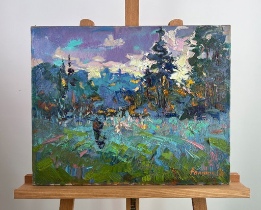 Pintura al óleo original Paisaje natural de verano Plata del rocío matutino