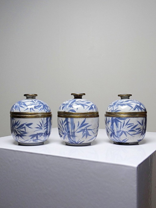 Trio of Gaiwans, small Chinese hand-painted porcelain covered tea cups