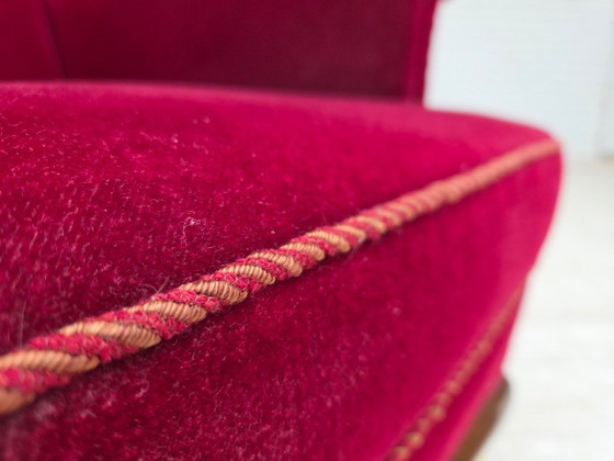 Image 1 of 1960s, Danish highback wingback armchair, cherry-red furniture velour.