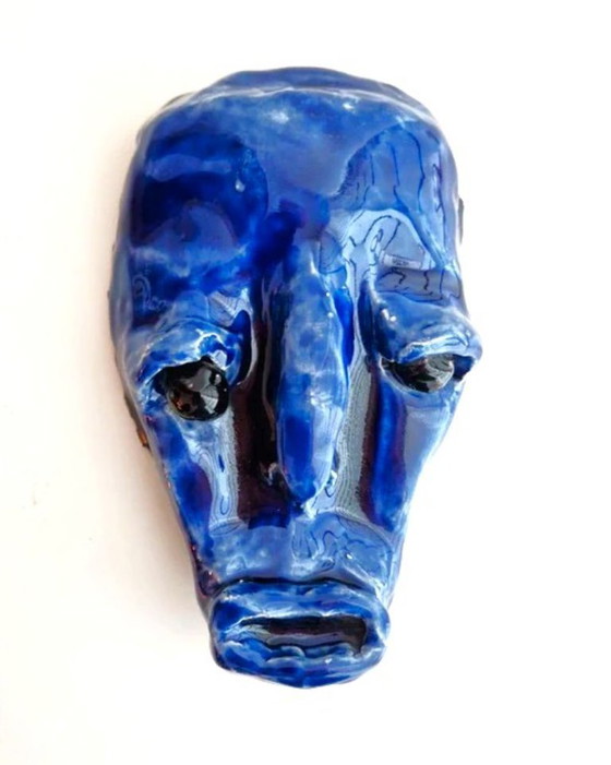 Image 1 of Maschera in ceramica blu con occhi di vetro - Arte vintage