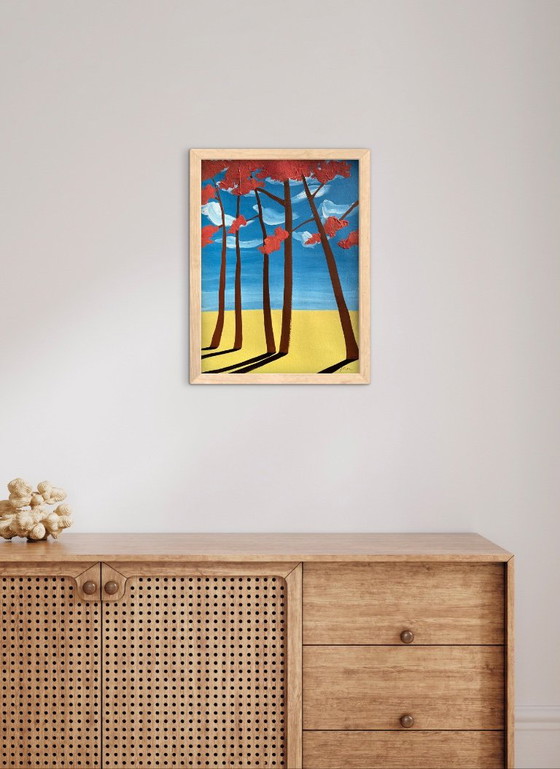 Abstraktes Gemälde von Frédéric Cadiou mit roten Bäumen, Gemälde & Zeichnungen, Holz, Papier, Abstract (Foto 2 von 5)