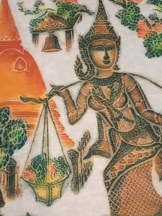 Old large polychrome Thai temple art rubbing on mulberry paper, Art Prints, Wood, Multi Color (photo 11 of 15)