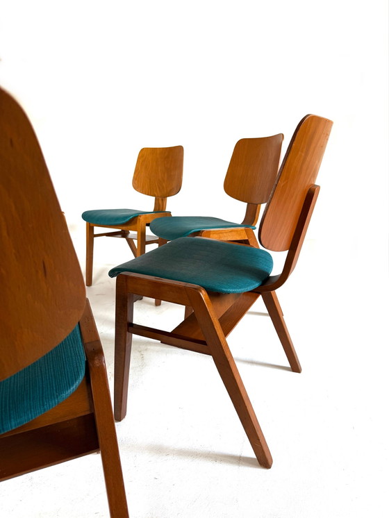 Image 1 of 8x vintage plywood stapelstoel stijl Egon Eiermann ‘60