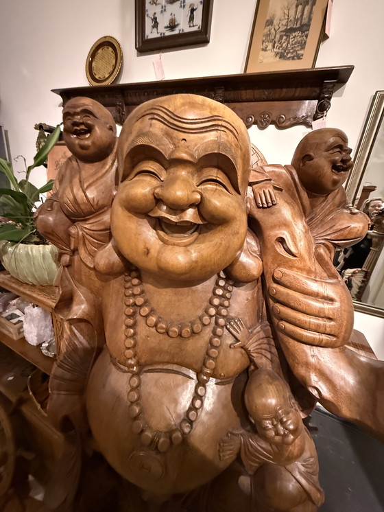 Image 1 of Antique Life-Size Hand-Carved Wooden Buddha (Budai) – Exceptional Statement Piece