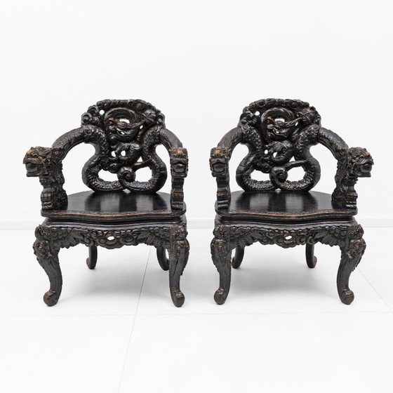 Image 1 of Pair of Chinese Qing Dynasty Carved Dragon Armchairs, Ebonized Hardwood, 19th
