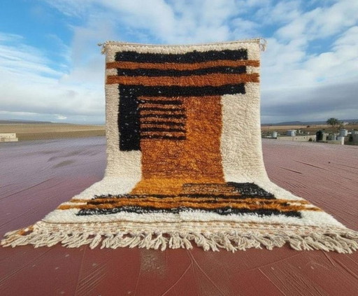Nueva alfombra Beni Ouarain 350 × 200 cm – Crema, negro y marrón óxido