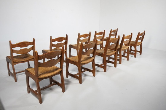 Image 1 of Set di 10 sedie brutaliste "Razor" in rovere con seduta in giunco, Paesi Bassi, anni '70