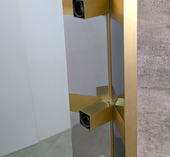 Gaetano Sciolari Mid-Century Modern Illuminated Vanity Wall Mirror in Chrome and Brass, Italy, 1970s – Glass (photo 5 of 18)