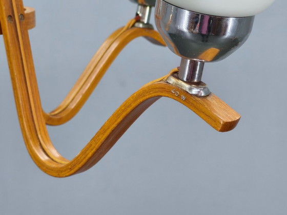 Image 1 of Pair of Czech Mid-Century Wood and Glass Chandeliers by Dřevo Humpolec