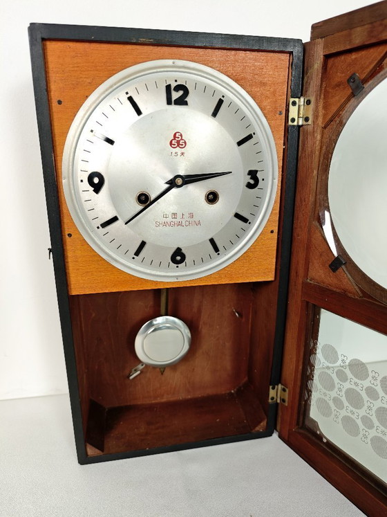 Image 1 of Vintage Wall Clock "555" Triple Five Mechanical  / Working Shanghai China Retro Clock / Mid Century Modern Wood Decor