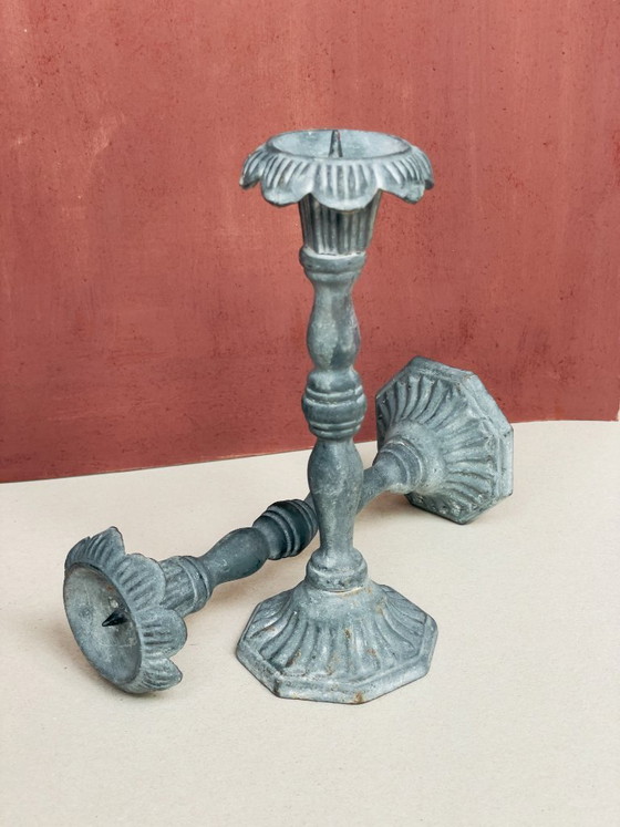 Pair of Antique Cast Iron Candlesticks, Victorian Style, Early 20th Century, Candle holders, Metal, Grey (photo 4 of 5)
