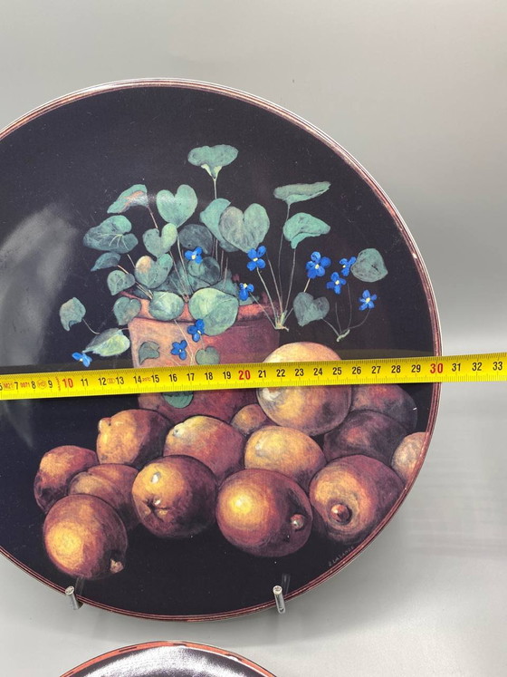Gien Cueillette Collection, 8 Faience Pieces, Fruit Still Lifes Signed D. Lalande, Black Background (photo 4 of 9)