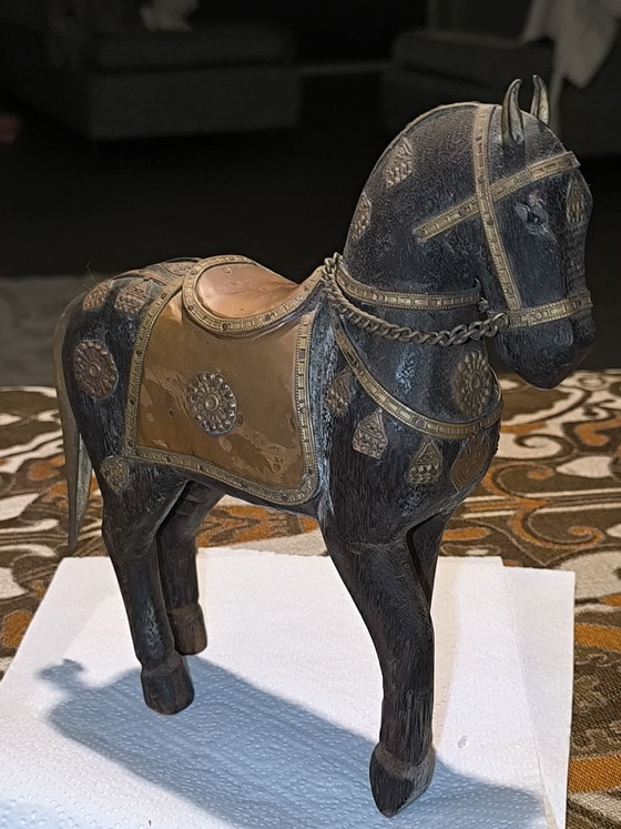 Beautiful vintage Indian Wooden horse - hand carved, Sculpture, Brass, Black (photo 3 of 11)
