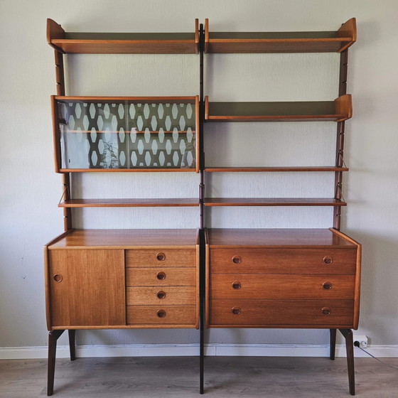 Image 1 of Mid-Century Scandinavian Teak Wall Unit, Modular Shelving by John Texmon & Einar Blindheim, 2-Piece Blindheim Mobelfabrikk