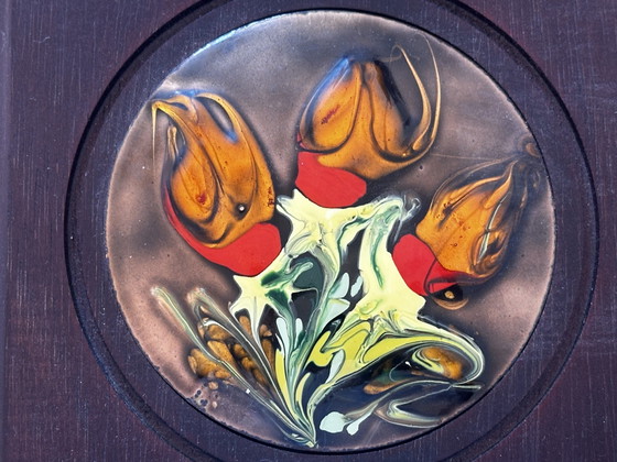 Smalto vintage su rame con decorazione stilizzata di tulipani – Quadro modernista incorniciato – Anni '60-'70 (photo 8 of 10)