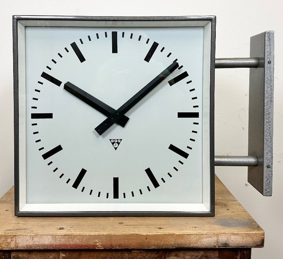 Image 1 of Large Industrial Square Double Sided Factory Wall Clock from Pragotron, 1970s