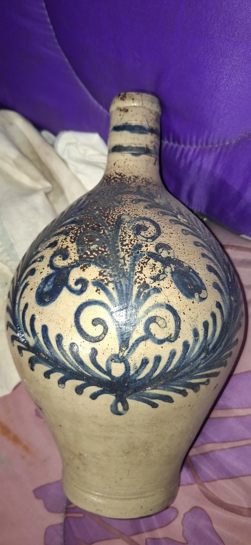 Earthenware Jug with Salt Glaze and Cobalt Blue Painting