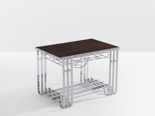 Tavolo da bar modernista francese in noce nichelato 1930