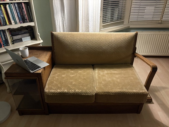 Loveseat with integrated side table and footstool, yellow, Wood, Textile, Vintage (photo 3 of 5)