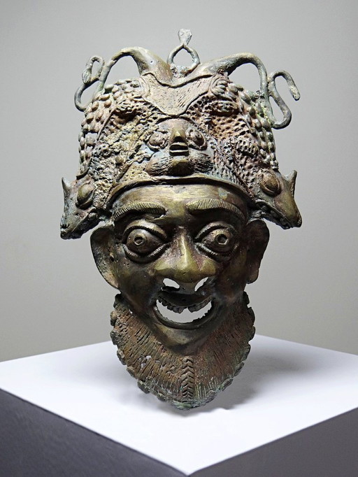 Vintage African bronze mask, Bamoun, Cameroon