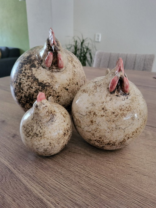 3 beautiful glazed stoneware chickens