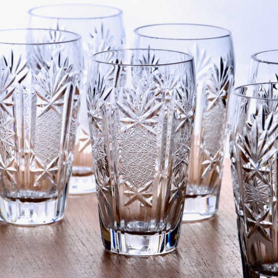 Image 1 of 7 antieke geslepen kristallen longdrinkglazen