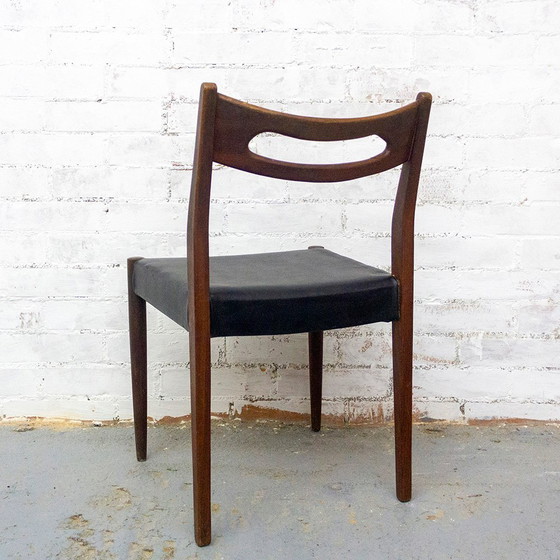 Image 1 of Teakhouten en zwart lederen stoelen, jaren 1950, set van 6