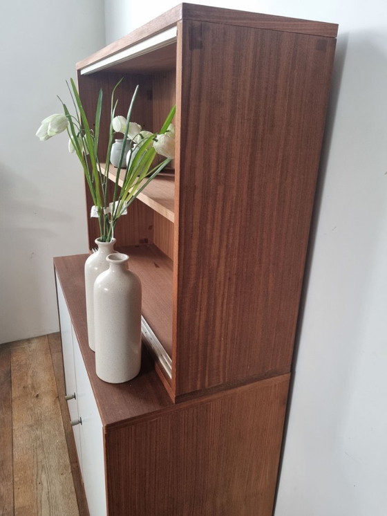 Image 1 of Set of two vintage cabinets with ribbed glass – warm wood & white (mid-century look)