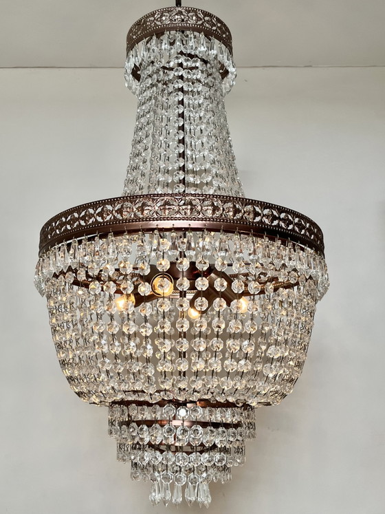 Image 1 of Vintage kristallen kroonluchter hanglamp met punt pegels Zakkroonluchter brons frame