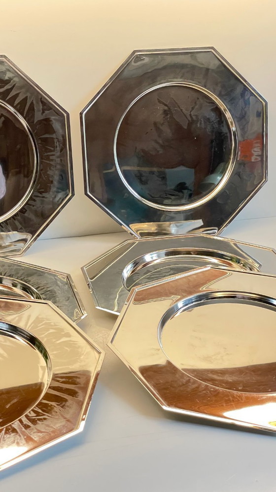Image 1 of Set van 6 vintage zilveren metalen borden