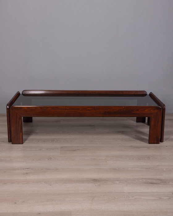 Image 1 of VINTAGE 1970s RECTANGULAR WOOD AND GLASS TABLE DESIGNED BY AFRA AND TOBIA SCARPA