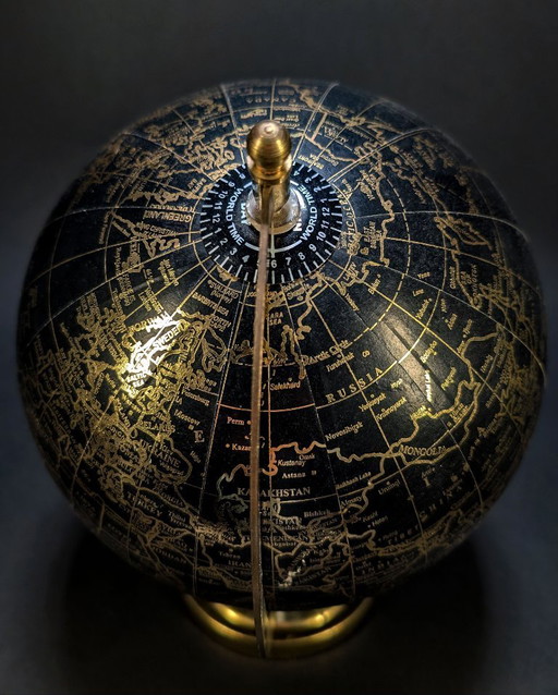 Globo terrestre vintage nero e oro – Globo da scrivania girevole con quadrante dell'ora mondiale