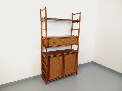 Large Vintage Rattan, Wood and Cane Bookcase from the 70s