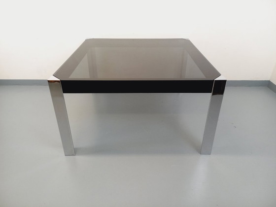 Image 1 of Table de repas carrée italienne vintage par Guido Faleschini pour Mariani x Hermès en verre fumé et métal chromé style Space Age