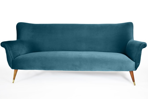 Elegant Three-Seater Velvet Sofa, 60s, Dark Ocean Blue, Restored