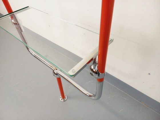 Image 1 of Modular Bauhaus-style vintage bookcase in red metal, chrome and glass from the 1970s