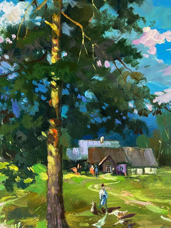 Image 1 of Original Oil Painting Nature Landscape Countryside Swamps near the Village