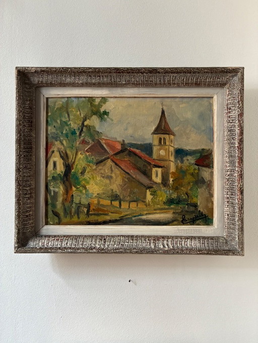 Antique oil painting on plywood, village church