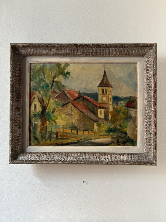 Image 1 of Antique oil painting on plywood, village church