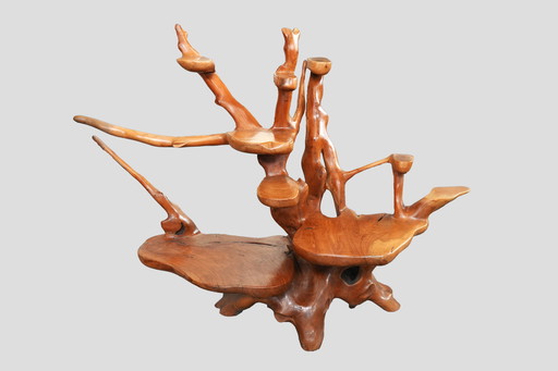 Modern Rustic Adirondack Planter & Pedestal – Organic Wood Art with 3 Shelves
