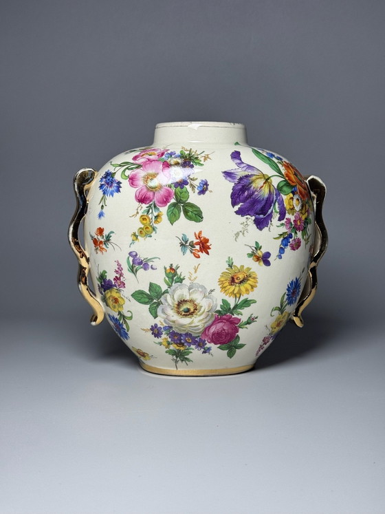 Boch Frères Keramis, Art Deco Vase, “Fleurs des Saxe” Decoration -Belgium, Ceramic, Gold (photo 5 of 15)