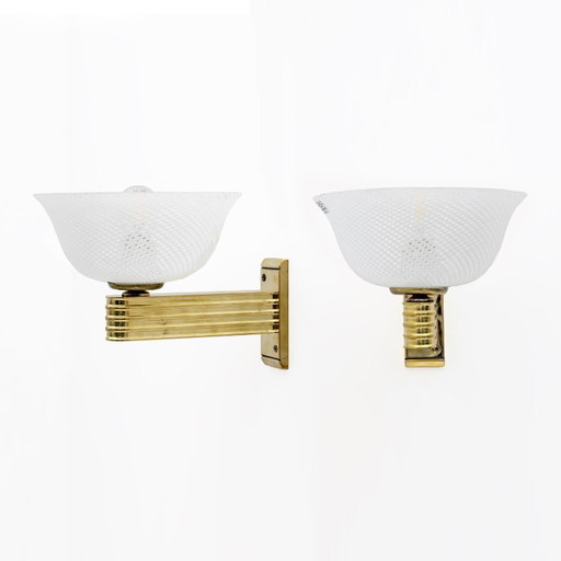 Carlo Scarpa Messing en "Reticello" Murano glazen wandlampen voor Venini, paar