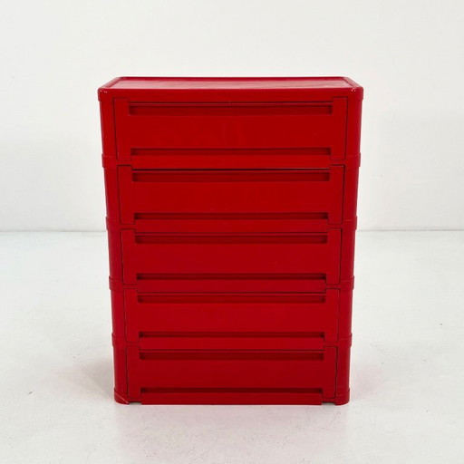 Cassettiera rossa a 5 cassetti, modello 4964, disegnata da Olaf Von Bohr per Kartell, anni '70.
