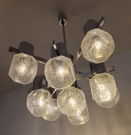 Lámpara de araña de Gaetano Sciolari, 9 luces, cromo, aluminio, vidrio esmerilado, estilo era espacial, (photo 2 of 14)