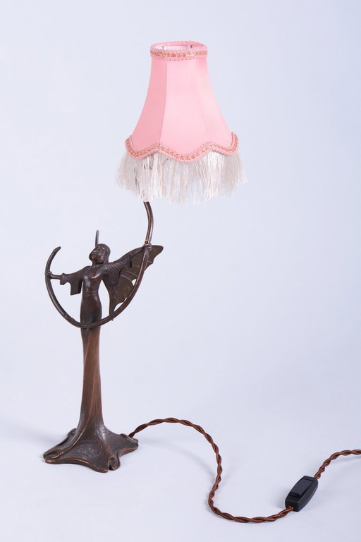 Original Jugendstil Tischlampe, Messing, Textilschirm, Österreich, 1910er Jahre