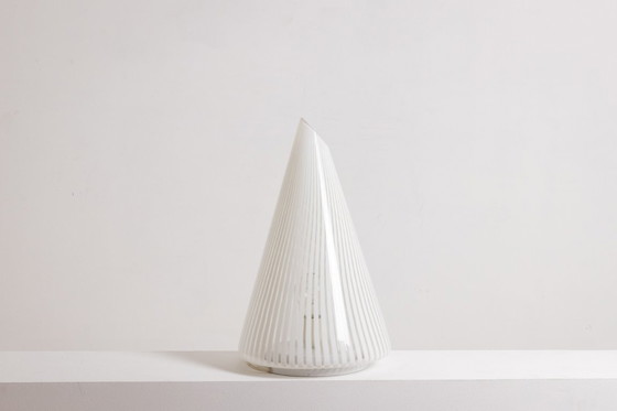 Image 1 of Conical Murano glass lamp with white striped pattern.  From the '70s.